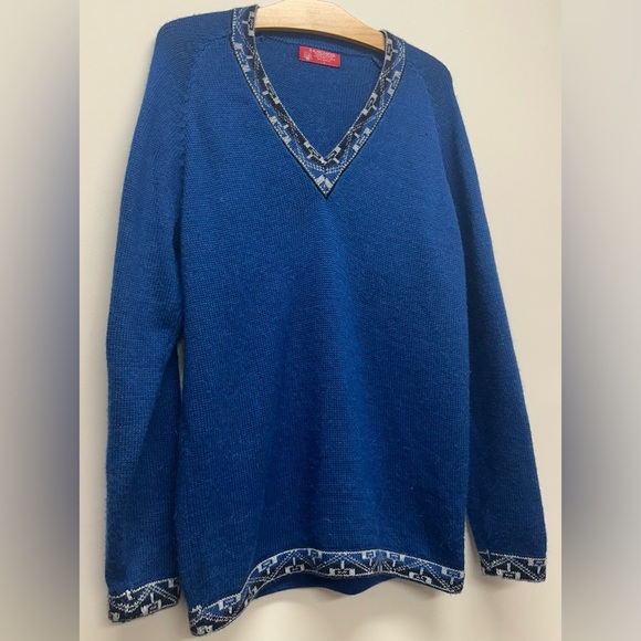 Women’s L  Large Alpaca Wool Sweater Blue Indigenous Spanish Peruvian Pattern - Picture 5 of 8